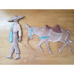 Vintage Southwestern Metal Wall Art Mexican Folk Scene Man Donkey Plaque