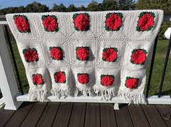 VTG Handmade Crochet Afghan Granny Squares 3D Roses Flowers Blanket Throw 70×47”