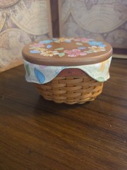 Pastel Floral Basket With Maple Lid, Longaberger, Artist Made In USA