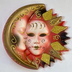 VINTAGE VENETIAN STYLE HAND PAINTED CERAMIC SUN & MOON MASK WALL ART PLAQUE