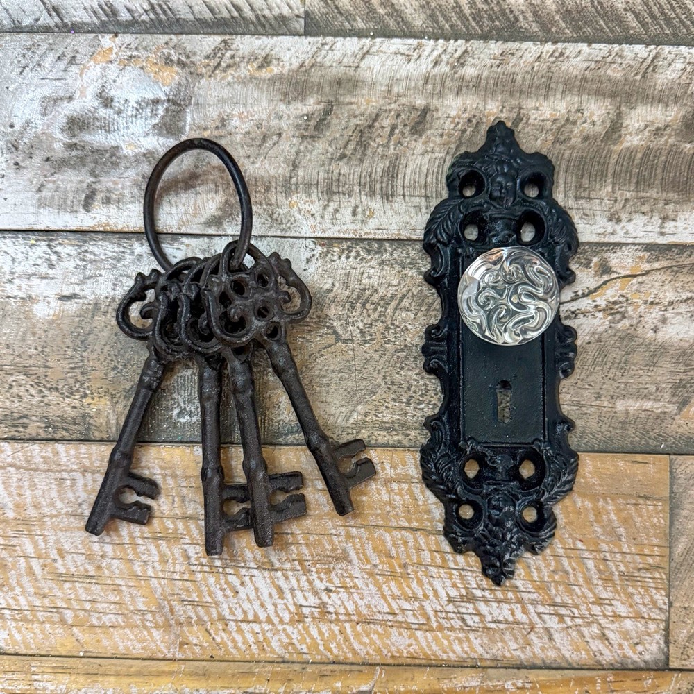 Antique Style Cast Iron & Glass Door Knob Plate Wall Hook & Skeleton Key Set