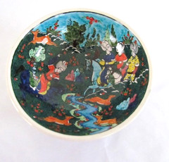 Vintage Turkish Bowl Nevşehir Hand Painted Ceramic Ottoman Garden Deer Signed