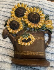 Antique Cast-Iron Doorstop Sunflowers In Pitcher 9.25” Hand-Painted. Signed.