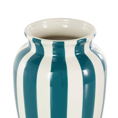 10 In. White round Wide Ceramic Decorative Vase with Teal Vertical Stripes