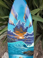 Mermaid Decorative Surfboard Wall Plaque Mango Wood Purple Sunset 39″x 10″