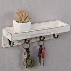 MyGift Whitewashed Wood Entryway Hanging Storage Shelf with 4 Antique Key Hooks