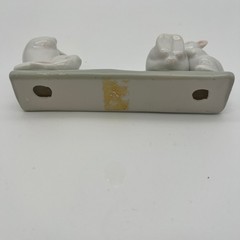 Unbranded Porcelain Three Bunnies on Log Figurine Small White Green Glossy Decor