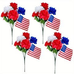 4Pcs Patriotic Artificial Flowers w/American Flag 4th of July Veterans Day Decor