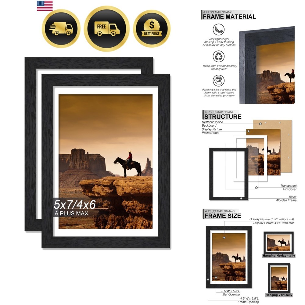 5×7 Picture Frame Set of 2, Black Engineered Wood Frame for 5 x 7 Inch Pictur…