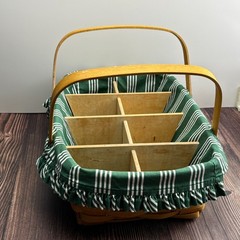 Longaberger 2000 Gathering Basket w/ Wooden Divider & Green Striped Liner