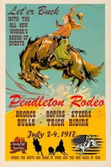 Pendleton Rodeo Cowgirl Poster 1917 | Vintage Trick Riding & Women’s Events