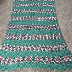 Handmade Crochet AFGHAN Knit Chevron Zig Zag Blanket Throw Teal Pink White