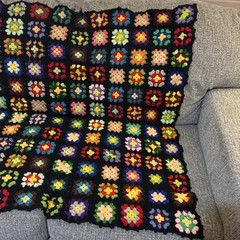 Vintage Handmade Crochet Granny Square Afghan Multi-Color Black Boho Throw 62×46
