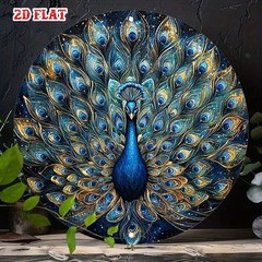 Elegant Peacock Metal Sign Round Blue Gold Art Decor Wall Art for Livingroom