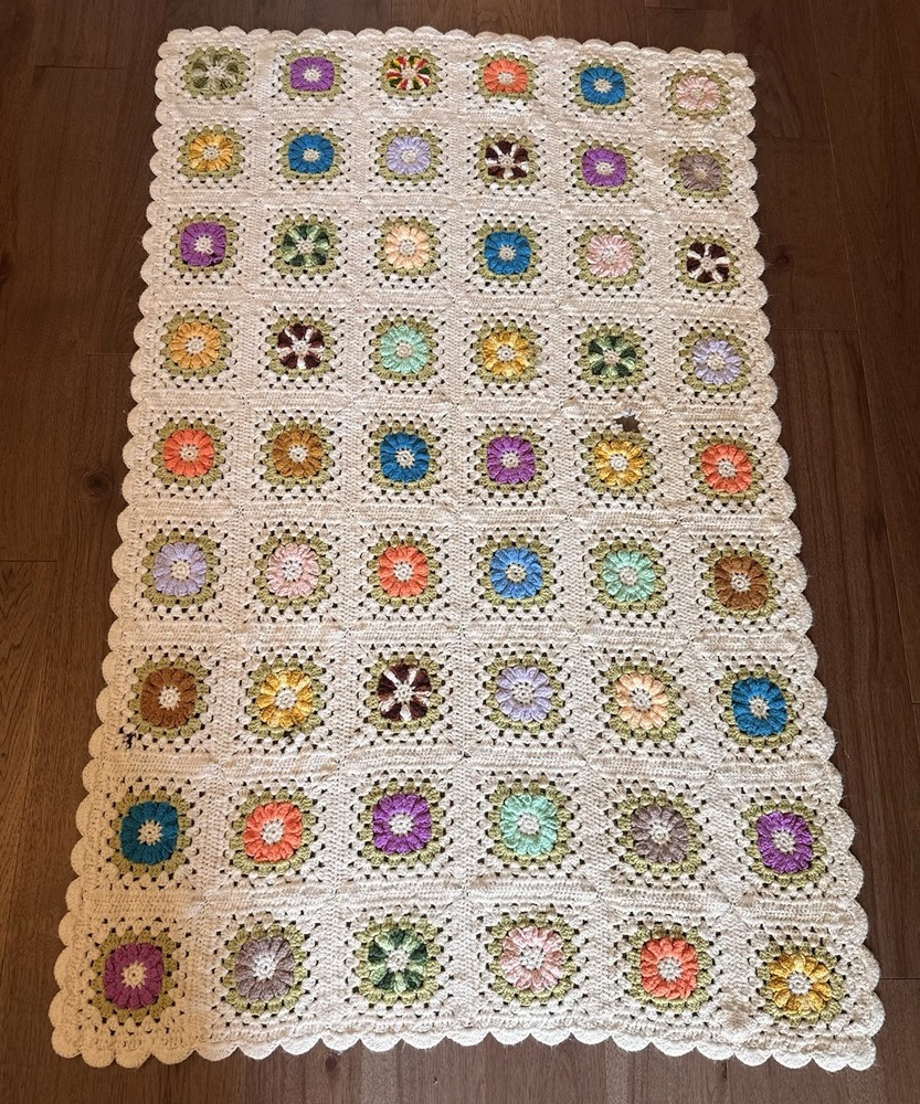 Vintage handmade crochet granny square multi-color flower afghan blanket 68×44