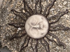 Gray/Black Metal Sun Face Wall Sculpture, Matte Finish, Vintage Patio Decor