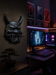 Black Japanese Oni Samurai Demon Mask Wall Decor Tattoo Bar Man Cave