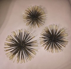 3 Gold/Black Starburst Metal Atomic MCM Style Sea Urchin Wall Hangings Decor