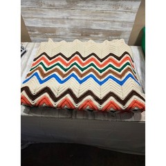 Vintage Handmade Crochet Afghan Blanket Chevron Ripple Multi Color 49×88 Throw
