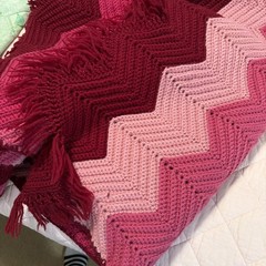 Vintage Crochet Zig Zag Afghan Throw Burgundy Chevron Pattern Fringed 52” X 80”
