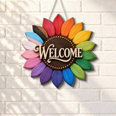 Rainbow Sunflower Welcome Sign, Colorful Wooden Door Hanger, Rustic Floral Porch