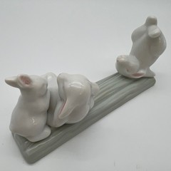 Unbranded Porcelain Three Bunnies on Log Figurine Small White Green Glossy Decor