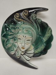 Vtg Venetian Face Green Mask Plaque Art Moon Stars Ceramic Made In Italy