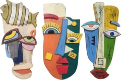 3 PC ABSTRACT Wood Picasso Style Tiki Wall MASKS Statues Sculpture Home Décor