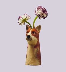 Anthropologie Stoneware Dog Puppy Head Bud Vase Small CORGI Brown New