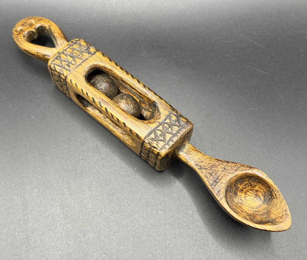Vintage Hand Carved Welsh Love Spoon Wood Balls in Cage Heart Folk Art 9″ Treen