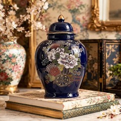 Vintage Japanese Ginger Jar Cobalt Blue Porcelain Hand Painted Floral