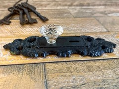 Antique Style Cast Iron & Glass Door Knob Plate Wall Hook & Skeleton Key Set