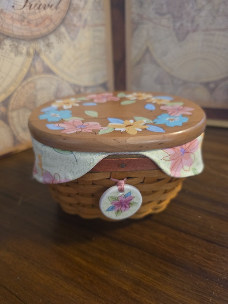 Pastel Floral Basket With Maple Lid, Longaberger, Artist Made In USA