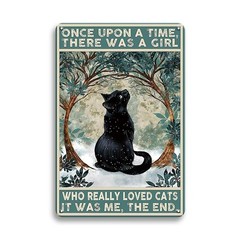 Vintage Black Cat Decor Metal Sign,Once Upon a Time There was a Girl Who Love…