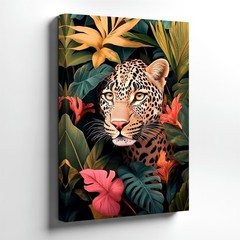 Wall Art Leopard in Tropical Jungle Leaves Floral Botanical Animal Print Decor