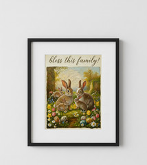Easter Bunny family in Wildflower Meadow Oil Painting Vintage Style art print