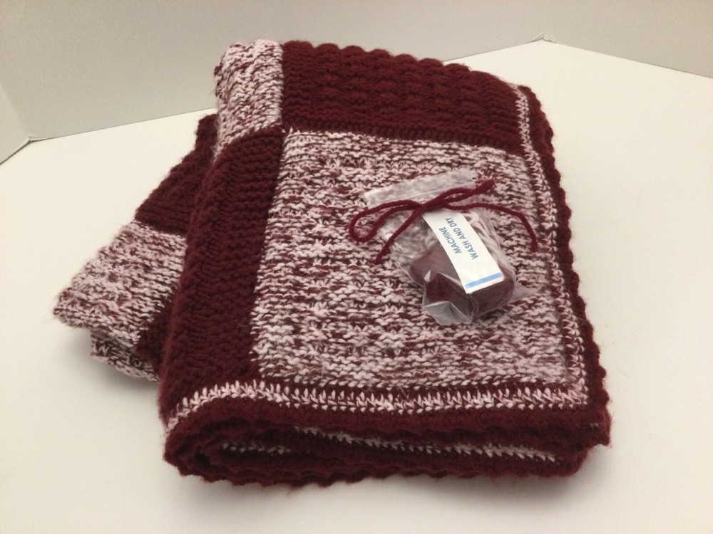AFGHAN – LARGE -Hand Knit- 56″ X 45″ – Wine & Pink/White Mix- Machine Wash &Dry