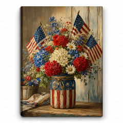 Patriotic Mason Jar Floral Canvas Wall Art, American Flag Flower Picture Print
