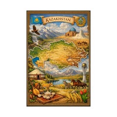 Kazakhstan Poster | Travel Map Art, Mountains, Yurts