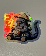 Godzilla drinking a boba tea 3 Inch Waterproof Vinyl Holographic Sticker