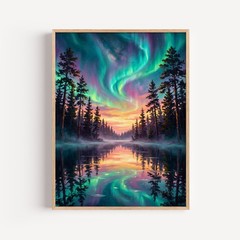 Aurora Borealis Lake Painting, Northern Lights Forest Wall Art, Celestial Night