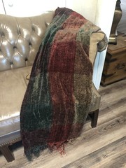 TEXTILLERY WEAVERS USA Blanket Fringe Green Burgandy Plaid Woven 40×80″ 1998