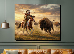 The Buffalo Hunt Native American Indian Chief Stretched Canvas Wall Art