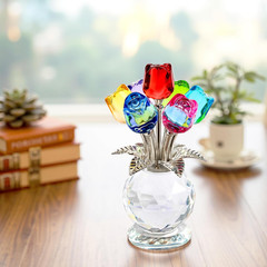 Crystal Colorful Rose Flower Collectible Figurine Glass Flowers with Vase Romant