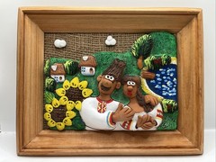 Clay Pottery 3D Wall Art Man Woman Flowers Village 5″x7″ In Frame