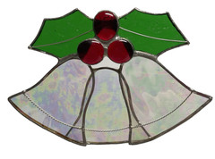 Vtg Lead Stained Iridescent Glass Holly Berry Bell Suncatcher Christmas Ornament