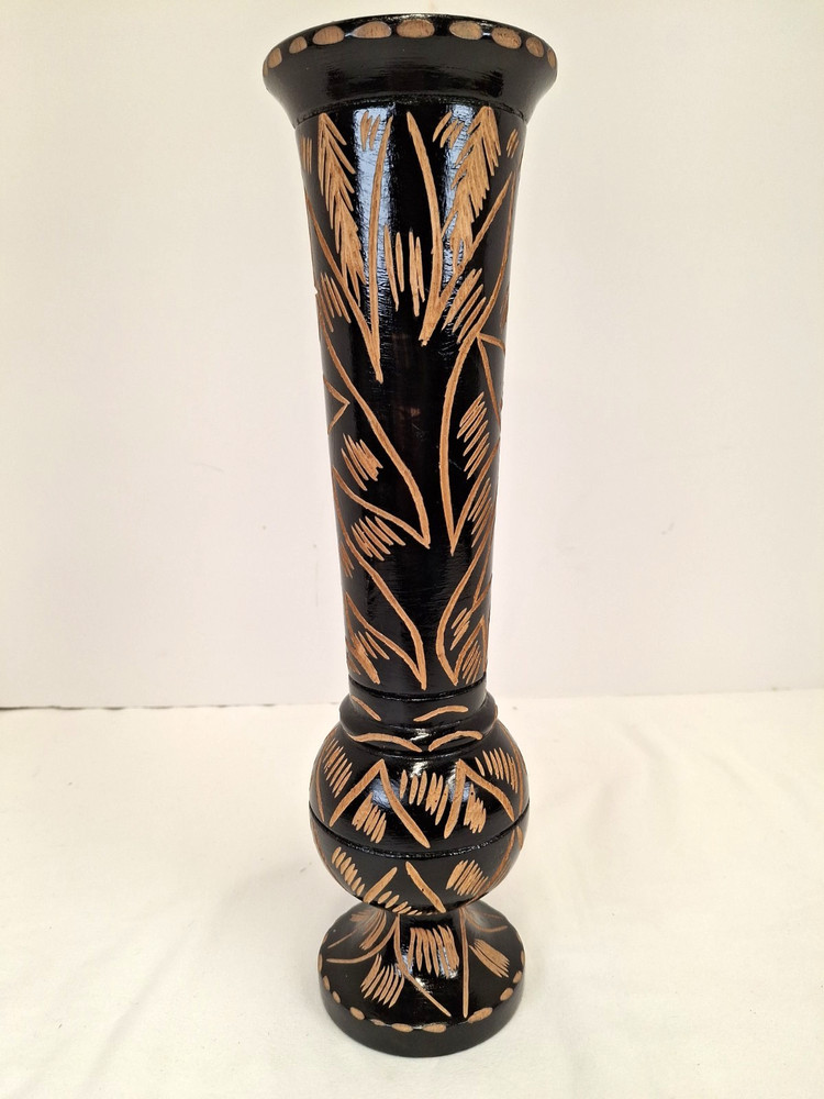 BLACK WOODEN VASE WITH HAND CARVED DESIGNS – 11.5″ TALL – EXCELLENT