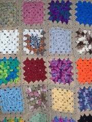 Hand Knit Afghan Lap Blanket Granny Squares 46 x 66 in Tan Boarder New
