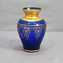 Vintage Murano Cobalt Blue Glass Vase 24K Gold Gilt Filigree Mini Vase 4.25in