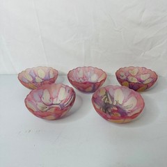 Set of 5 Pink Purple Marbled Art Glass Scalloped Decorative Trinket Bowls 4.5″